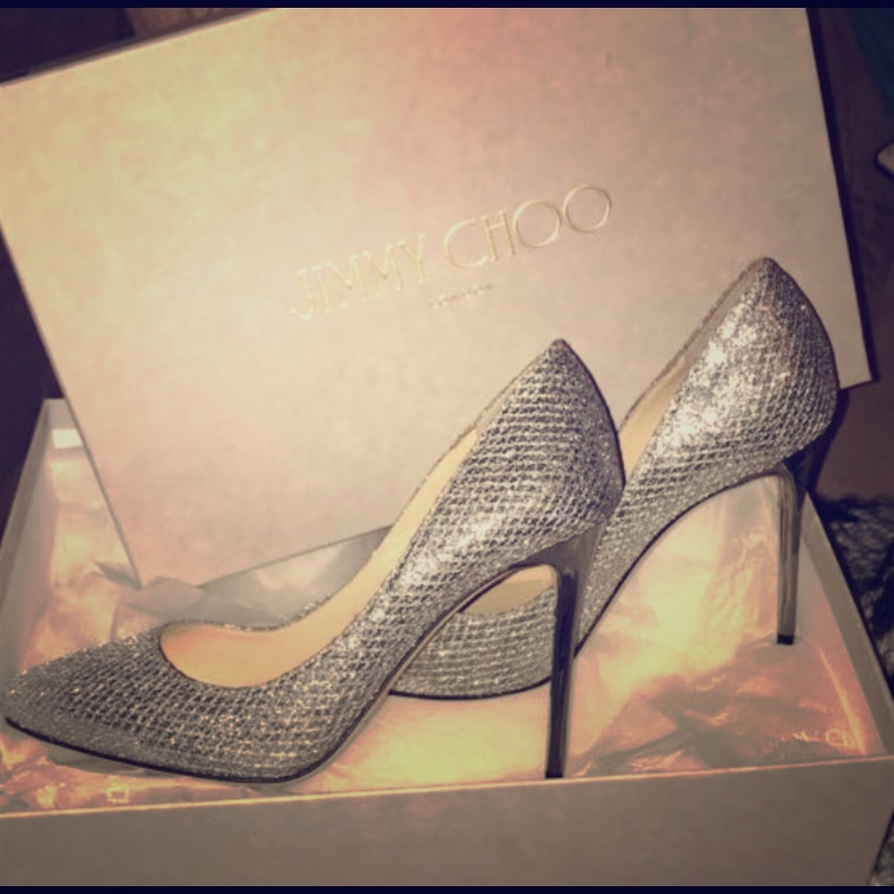 NEW Jimmy Choo Esme 100 Glitter Silver Heels
